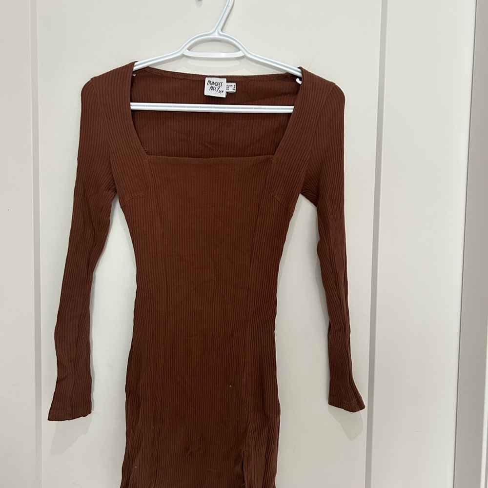 Princess Polly Ribbed Square-Neck Long Sleeve Dress in Rust Brown